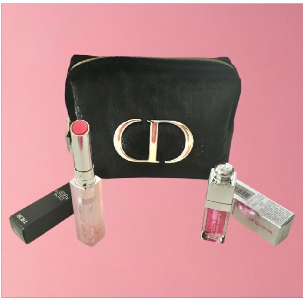 Dior Black Cosmetic Bag with Lip Glow and Lip Glow Oil with Gold Logo - Picture 2 of 4